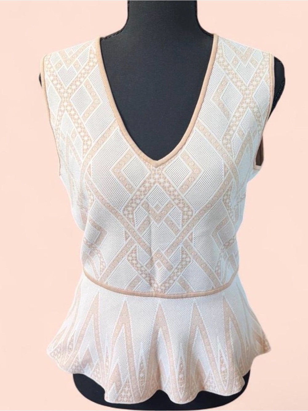 Sleeveless Cream & Tan V-Neck Peplum Top